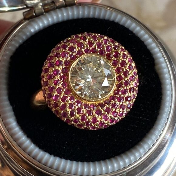 2.10 Carat Diamond Solitaire with 138 Rubies 18KYG Halo Ring - Picture 8 of 13